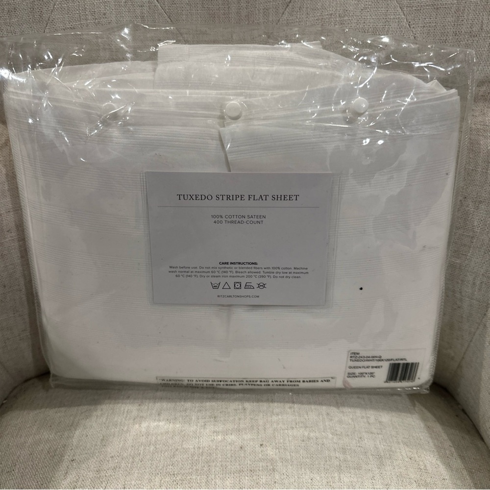 NEW Frette for The Ritz Carlton White Tuxedo Stripe Queen Flat Sheet Luxury 400 - Picture 2 of 4